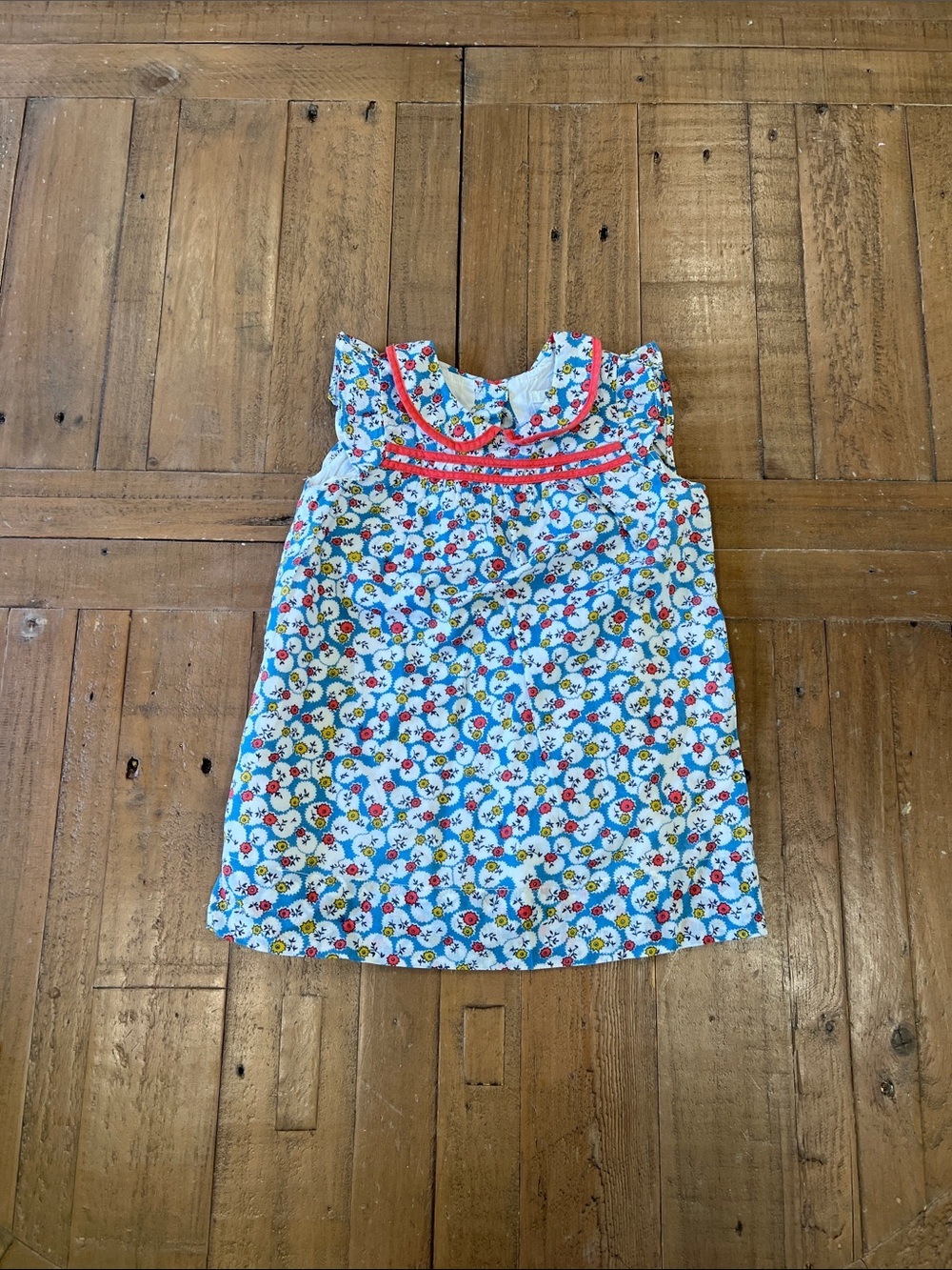 Baby Boden blue floral Peter Pan collar flutter shoulder dress 6-12 months